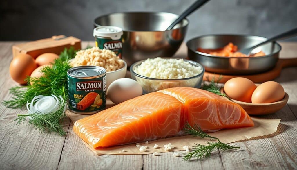 A neatly arranged still life of the ingredients needed for traditional old-fashioned salmon patties, captured in soft, natural lighting with a warm, cozy ambiance. In the foreground, a fillet of fresh salmon, canned salmon, breadcrumbs, eggs, onion, and a few sprigs of dill. In the middle ground, a mixing bowl, a skillet, and a spatula, hinting at the preparation process. The background features a rustic wooden table, with a subtle textured surface and a neutral color palette that complements the overall composition. A neatly arranged still life of the ingredients needed for traditional old-fashioned salmon patties, captured in soft, natural lighting with a warm, cozy ambiance. In the foreground, a fillet of fresh salmon, canned salmon, breadcrumbs, eggs, onion, and a few sprigs of dill. In the middle ground, a mixing bowl, a skillet, and a spatula, hinting at the preparation process. The background features a rustic wooden table, with a subtle textured surface and a neutral color palette that complements the overall composition.