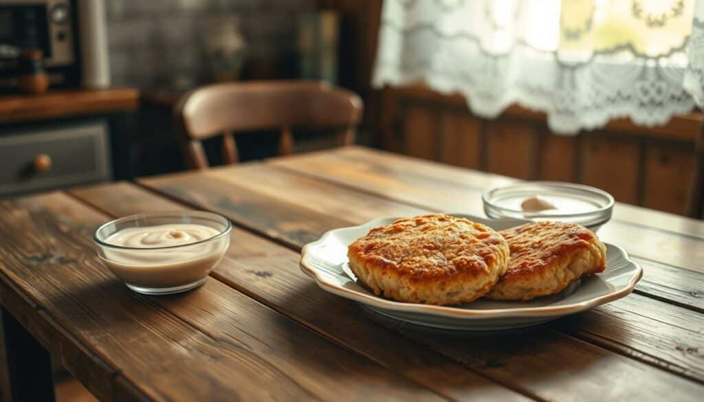 A weathered, wooden table in a cozy kitchen, illuminated by warm, natural light filtering through a lace-curtained window. Atop the table, a vintage ceramic plate holds three golden-brown salmon patties, their crisp edges glistening. Alongside, a small glass bowl filled with a creamy, pale-pink tartar sauce. The scene evokes the comforting aroma of a cherished family recipe, passed down through generations, evoking the timeless charm of an old-fashioned home-cooked meal. A weathered, wooden table in a cozy kitchen, illuminated by warm, natural light filtering through a lace-curtained window. Atop the table, a vintage ceramic plate holds three golden-brown salmon patties, their crisp edges glistening. Alongside, a small glass bowl filled with a creamy, pale-pink tartar sauce. The scene evokes the comforting aroma of a cherished family recipe, passed down through generations, evoking the timeless charm of an old-fashioned home-cooked meal.