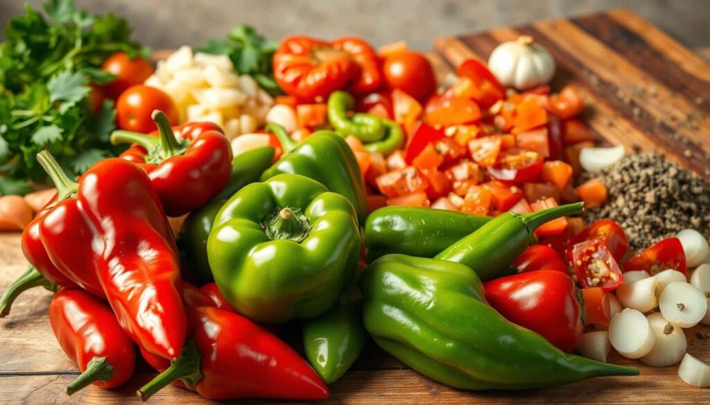 A bountiful arrangement of vibrant, fresh chili ingredients bathed in warm, natural lighting. In the foreground, a selection of whole red and green chili peppers, their surfaces glistening with subtle highlights. Surrounding them, a medley of diced tomatoes, onions, garlic cloves, and a sprinkle of cumin and oregano. In the middle ground, a stack of rustic wooden cutting boards, their weathered surfaces providing a tactile contrast. In the background, a neutral backdrop, allowing the colors and textures of the ingredients to take center stage. The overall scene exudes a sense of health, vitality, and the promise of a flavorful, homemade chili. A bountiful arrangement of vibrant, fresh chili ingredients bathed in warm, natural lighting. In the foreground, a selection of whole red and green chili peppers, their surfaces glistening with subtle highlights. Surrounding them, a medley of diced tomatoes, onions, garlic cloves, and a sprinkle of cumin and oregano. In the middle ground, a stack of rustic wooden cutting boards, their weathered surfaces providing a tactile contrast. In the background, a neutral backdrop, allowing the colors and textures of the ingredients to take center stage. The overall scene exudes a sense of health, vitality, and the promise of a flavorful, homemade chili.