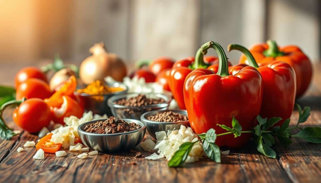 A delightful still life capturing a range of vibrant chili ingredients. Laid out on a rustic wooden table, the foreground features a selection of whole, ripe red chili peppers, their skin glistening with a subtle sheen. Surrounding them are neatly diced onions, garlic cloves, and tomatoes, their colors and textures complementing the peppers. In the middle ground, a variety of spices - cumin, oregano, paprika - are scattered in small bowls, their aromas wafting through the air. The background is softly blurred, drawing the viewer's focus to the array of fresh, high-quality ingredients. Warm, natural lighting illuminates the scene, casting gentle shadows and highlighting the ingredients' natural beauty. The overall composition conveys a sense of culinary abundance and the promise of a flavorful, homemade chili. A delightful still life capturing a range of vibrant chili ingredients. Laid out on a rustic wooden table, the foreground features a selection of whole, ripe red chili peppers, their skin glistening with a subtle sheen. Surrounding them are neatly diced onions, garlic cloves, and tomatoes, their colors and textures complementing the peppers. In the middle ground, a variety of spices - cumin, oregano, paprika - are scattered in small bowls, their aromas wafting through the air. The background is softly blurred, drawing the viewer's focus to the array of fresh, high-quality ingredients. Warm, natural lighting illuminates the scene, casting gentle shadows and highlighting the ingredients' natural beauty. The overall composition conveys a sense of culinary abundance and the promise of a flavorful, homemade chili.