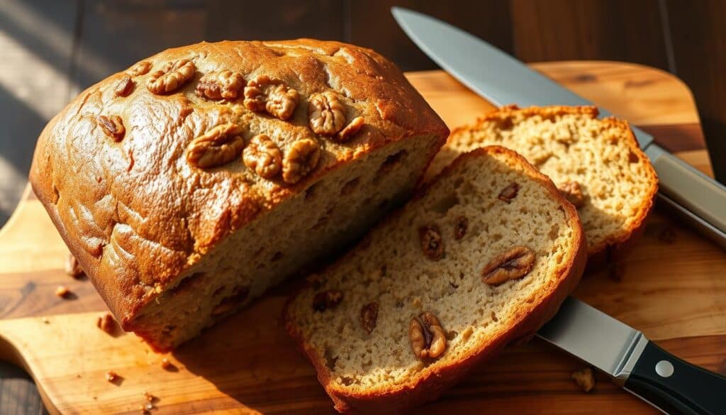 A mouthwatering loaf of freshly baked banana nut bread, its golden-brown crust glistening under warm, natural lighting. The interior is moist and inviting, with visible chunks of ripe banana and crunchy walnuts nestled throughout the soft, pillowy crumb. Arrange the bread on a rustic wooden cutting board, with a sharp bread knife and a slice or two cut to reveal the delectable texture and layers. Overhead, capture the bread in a three-quarter angle to highlight the inviting aroma and homemade appeal. The scene exudes a comforting, homey atmosphere, perfectly capturing the essence of the "Perfect Banana Bread" recipe. A mouthwatering loaf of freshly baked banana nut bread, its golden-brown crust glistening under warm, natural lighting. The interior is moist and inviting, with visible chunks of ripe banana and crunchy walnuts nestled throughout the soft, pillowy crumb. Arrange the bread on a rustic wooden cutting board, with a sharp bread knife and a slice or two cut to reveal the delectable texture and layers. Overhead, capture the bread in a three-quarter angle to highlight the inviting aroma and homemade appeal. The scene exudes a comforting, homey atmosphere, perfectly capturing the essence of the "Perfect Banana Bread" recipe.