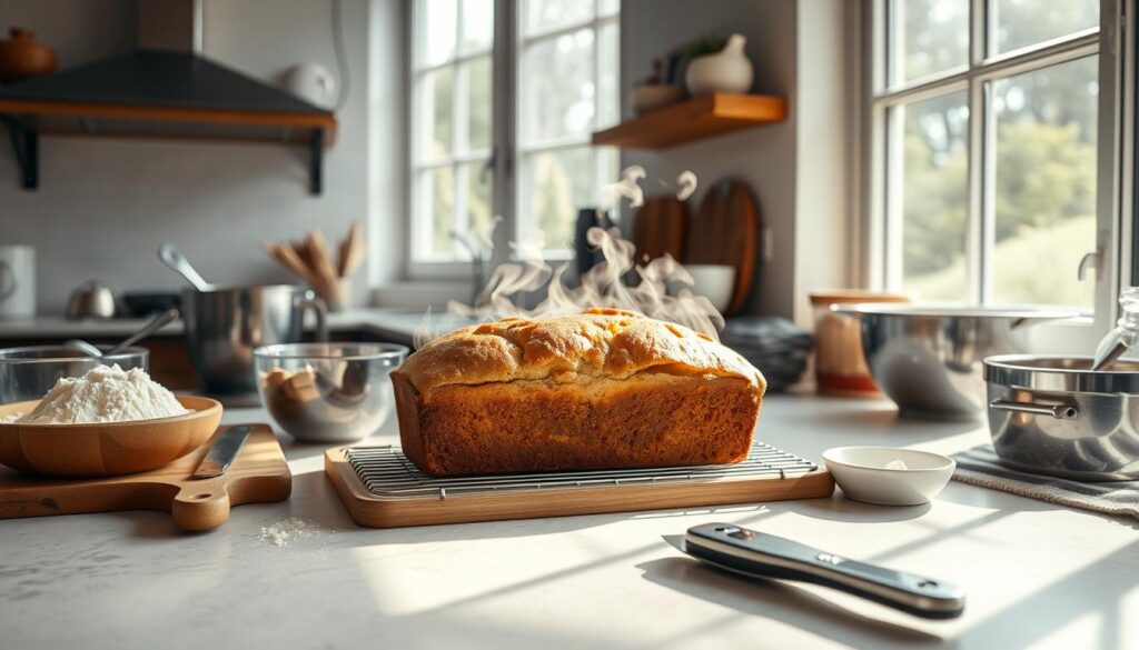 A neatly arranged kitchen counter with a cutting board, mixing bowls, and various baking tools and ingredients. In the center, a freshly baked loaf of moist, golden-brown banana bread, steam gently rising from the surface. Sunlight streams in through large windows, casting a warm, inviting glow over the scene. The composition is visually balanced, with the bread as the focal point, surrounded by the essential tools needed to prepare this delicious homemade treat. The overall atmosphere is one of comfort, simplicity, and the satisfaction of a successful baking project. A neatly arranged kitchen counter with a cutting board, mixing bowls, and various baking tools and ingredients. In the center, a freshly baked loaf of moist, golden-brown banana bread, steam gently rising from the surface. Sunlight streams in through large windows, casting a warm, inviting glow over the scene. The composition is visually balanced, with the bread as the focal point, surrounded by the essential tools needed to prepare this delicious homemade treat. The overall atmosphere is one of comfort, simplicity, and the satisfaction of a successful baking project.