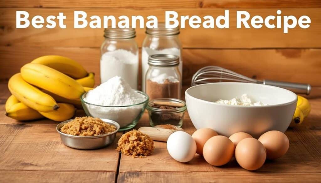 A tidy arrangement of freshly baked banana bread ingredients on a rustic wooden table. In the foreground, ripe bananas, brown sugar, and eggs sit alongside a large mixing bowl. The middle ground showcases flour, baking soda, and cinnamon in clear glass jars, with a stainless steel whisk and spatula nearby. In the background, a warm, golden lighting casts a cozy glow, highlighting the natural texture of the wooden surface. The overall scene exudes a homemade, comforting atmosphere, perfectly complementing the "Best Banana Bread Recipe" article. A tidy arrangement of freshly baked banana bread ingredients on a rustic wooden table. In the foreground, ripe bananas, brown sugar, and eggs sit alongside a large mixing bowl. The middle ground showcases flour, baking soda, and cinnamon in clear glass jars, with a stainless steel whisk and spatula nearby. In the background, a warm, golden lighting casts a cozy glow, highlighting the natural texture of the wooden surface. The overall scene exudes a homemade, comforting atmosphere, perfectly complementing the "Best Banana Bread Recipe" article.
