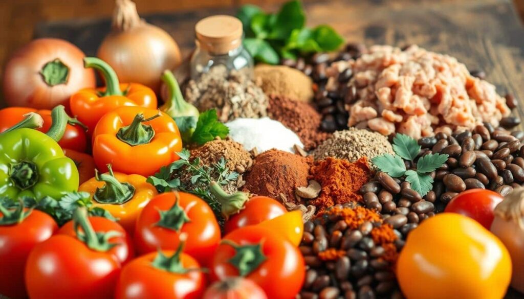 A vibrant still life showcasing an array of nutritious chili ingredients, bathed in warm, natural lighting. In the foreground, an assortment of fresh vegetables - plump tomatoes, crisp bell peppers, and earthy onions - arranged with care. In the middle ground, an array of spices and herbs, including robust cumin, fragrant oregano, and fiery chili powder, standing out against a backdrop of rich, dark beans and lean ground turkey. The composition is balanced, drawing the eye to the vibrant colors and textures of the ingredients, inviting the viewer to imagine the delicious, nourishing chili that could be created from these wholesome components. A vibrant still life showcasing an array of nutritious chili ingredients, bathed in warm, natural lighting. In the foreground, an assortment of fresh vegetables - plump tomatoes, crisp bell peppers, and earthy onions - arranged with care. In the middle ground, an array of spices and herbs, including robust cumin, fragrant oregano, and fiery chili powder, standing out against a backdrop of rich, dark beans and lean ground turkey. The composition is balanced, drawing the eye to the vibrant colors and textures of the ingredients, inviting the viewer to imagine the delicious, nourishing chili that could be created from these wholesome components.